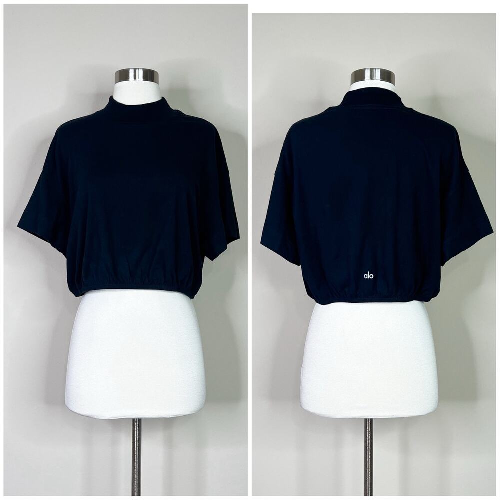 ALO | Kick It Crop Black Mock Neck Short Sleeve Cotton Workout Tee Top Medium